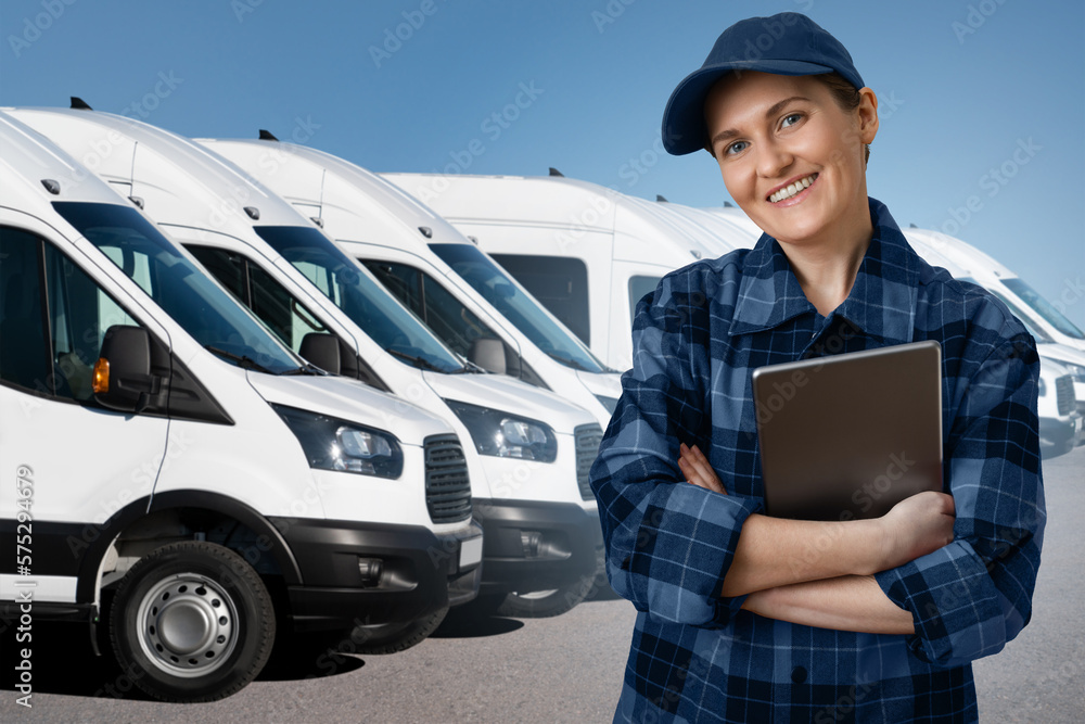 Aufkleber woman manager with a digital tablet on the background of vans. fleet management