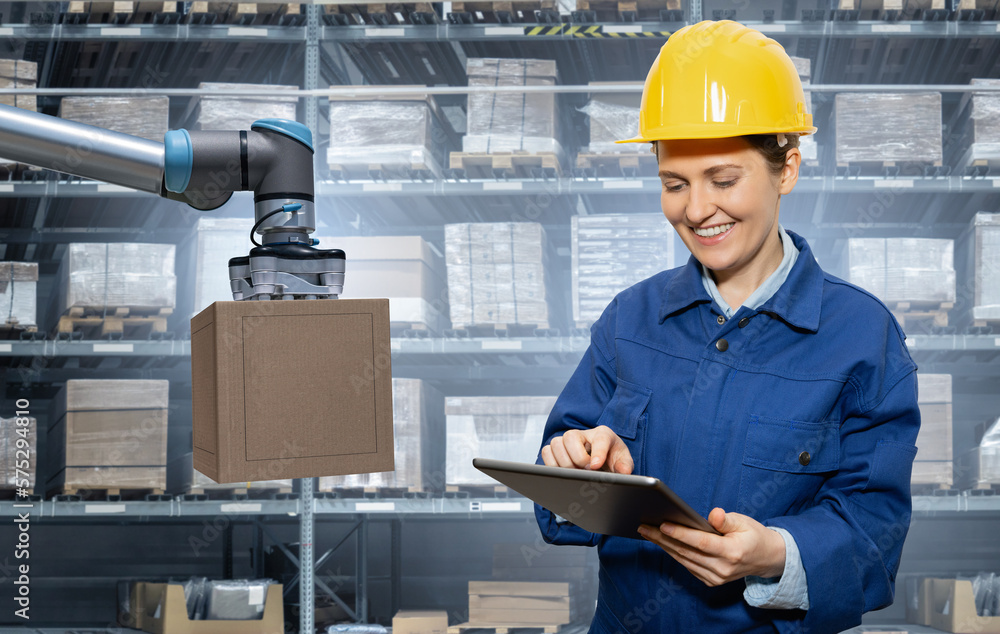 Poster woman manager with digital tablet n an automated warehouse with robots