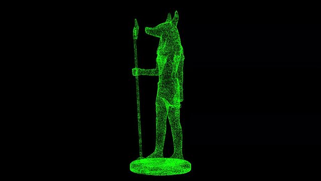 3D statue of Anubis rotates on black bg. Object dissolved green flickering particles 60 FPS. Business advertising backdrop. Science concept. For title, text, presentation. 3D animation