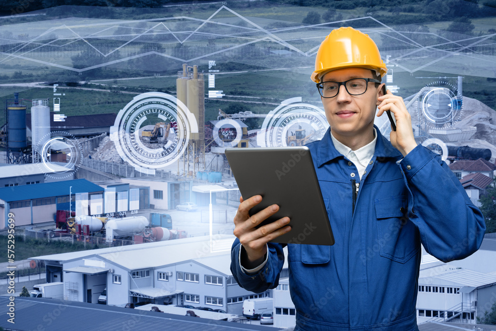 Poster engineer with digital tablet and smartphone on a background of modern smart factory. digital transfo