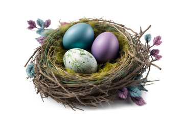 Naklejka na ściany i meble Colorful easter eggs in a nest, isolated on white background. Easter concept. Generative ai and digital editing.
