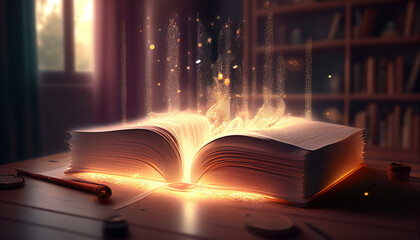 Literary world: magic book on the table, the magic of words