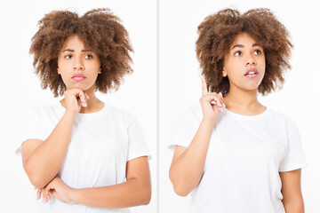 Closeup Before after Upset and very sad african american woman in white template blank t shirt isolated. Before-afterYoung Afro female have and idea and happy mood. Curly beautiful hair