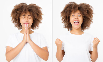 Before after Praying young afro american girl make a wish. African woman in summer shirt isolated...