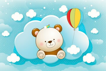 A bear's head cartoon, a hot air balloon, some helium balloons, and some clouds on a blue background make for a charming baby shower horizontal banner. Baby's a boy! illustration. Generative AI