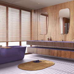 Modern wooden bathroom in white and purple tones. Freestanding bathtub, washbasin with mirror and...