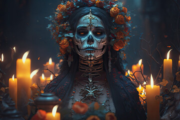 Dia de los muertos, Mexican day of the dead celebrating concept. Generative ai