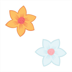 Flowers in flat, cartoon style. Yellow and blue flowers with pink middle. Elements for Mother's Day cards, posters, designs. World Women's Day. The holiday of spring, birthday