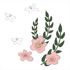 Flowers in flat, cartoon style. Pink flowers with yellow middle and oblong leaves. White dragonflies. Elements for cards, posters, Mother's Day designs. World Women's Day. A holiday of spring, birthda