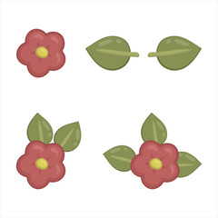 Flowers in flat, cartoon style. Pink flowers with yellow middle and leaves. Elements for cards, posters, designs for Mother's Day. World Women's Day. The holiday of spring, birthday.