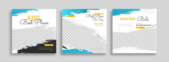 Traveling Bali social media post banner design template with yellow color. travel square web banner design