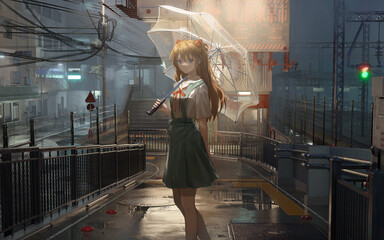 Fototapeta premium Illustration of an anime girl with an umbrella in a subway