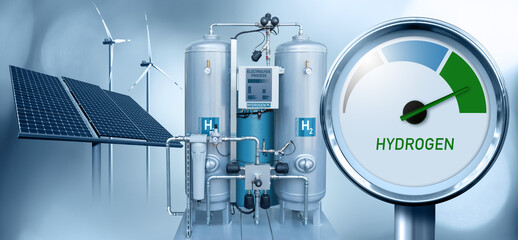 Hydrogen gauge with tree colors - gray, blue and green with machine for the production of hydrogen by electrolysis. Green hydrogen production concept	