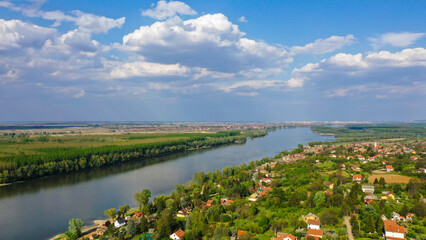 Aerial Drone view of Danube river.