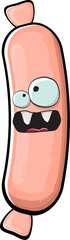 Cartoon sausage characters isolated on white background. Funky meat sausage character with eyes and mouth. Sausage for hot dog
