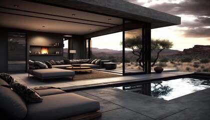 luxury interior of a modern house with large windows and stylish furniture, generative AI