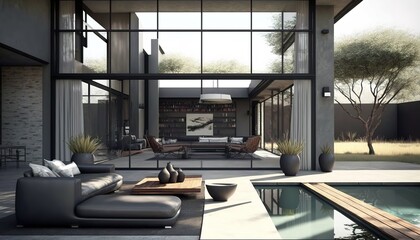 Fototapeta na wymiar luxury interior of a modern house with large windows and stylish furniture, generative AI