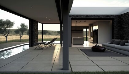 luxury interior of a modern house with large windows and stylish furniture, generative AI