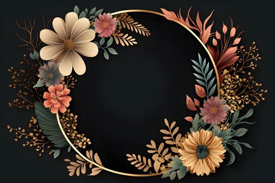 Circular floral frame design for card background template or banner, black frame, and colorful floral border
