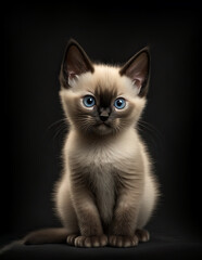 Beautiful cat with light grayish fur on a dark background. Generative AI