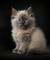 Naklejka na ściany i meble Beautiful cat with blue eyes looking at camera on dark background. Generative AI