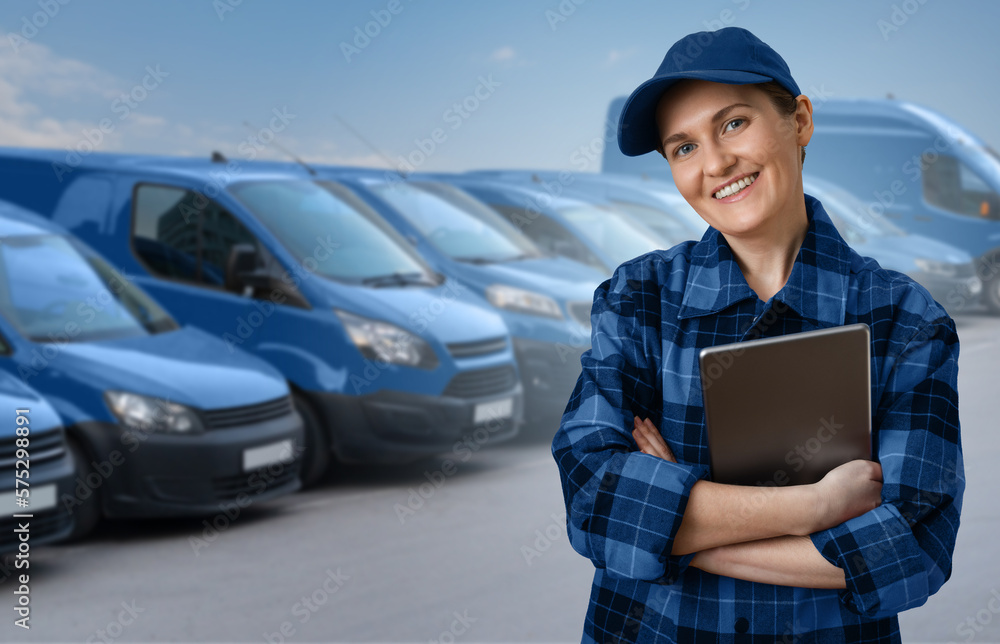 Aufkleber woman manager with a digital tablet on the background of vans. fleet management