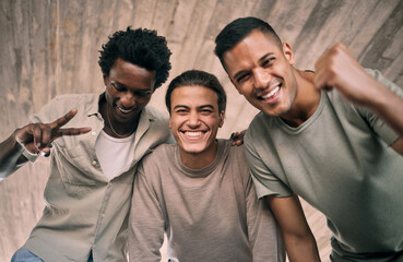 Portrait, peace and wow with man friends standing outdoor together in celebration from below...