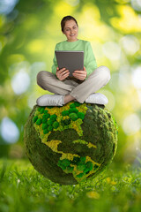 Woman with digital tablet sitting on green planet Earth. Concept of sustainable development and...