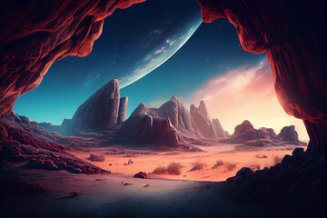 Extraterrestrial landscape. Scenery of alien planet in deep space. Generative ai