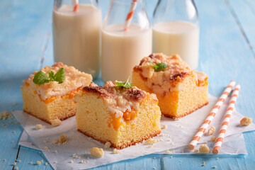 Homemade peach cake as summer snack. Best tastes with milk.