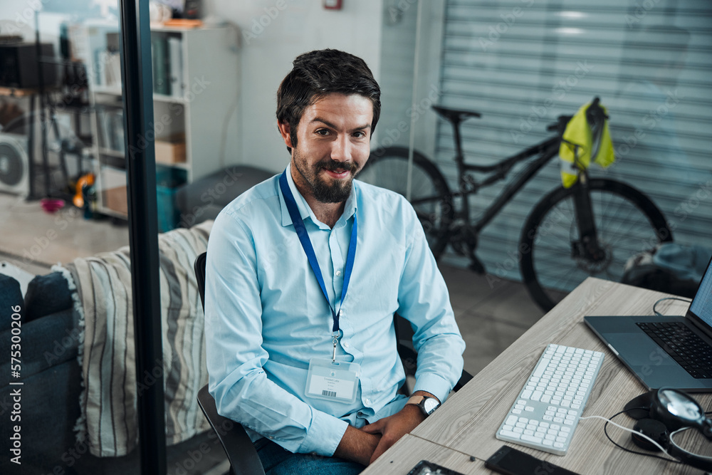 Aufkleber Man, portrait and IT technician in an office for computer software, technology or problem solving at desk. Happy engineer person doing maintenance, programming and digital development project