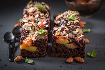 Delicious and fresh brownie made of fruits and almond.
