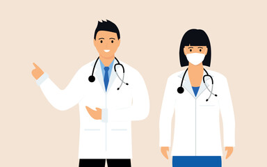 Vector illustration of a medical team, a group of doctors, a masked nurse and a doctor with a smile.