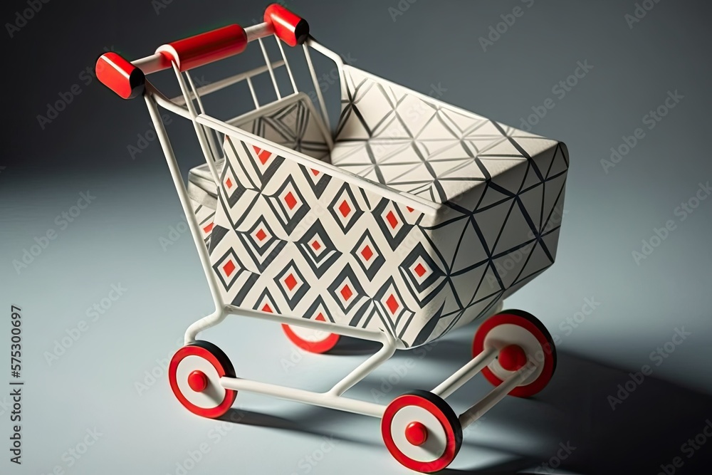 Poster wheeled cart for shopping, printed with geometric patterns on patterned paper. the psychology of com