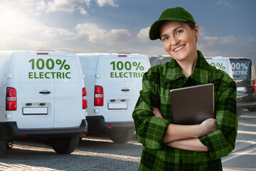 Woman with a digital tablet stands next to electric delivery vans 