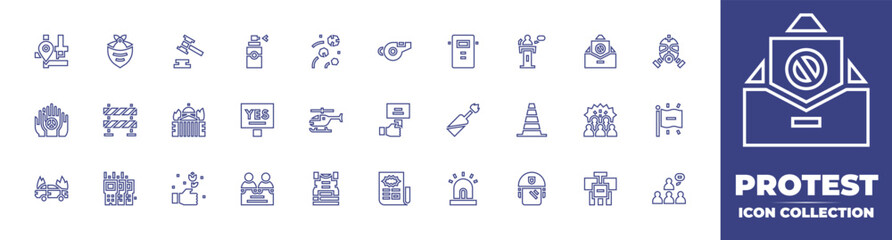 Protest line icon collection. Editable stroke. Vector illustration. Containing pin, bandana, mallet, spray, stones, whistle, police shield, speech, prohibition, gas mask, protest, and more.