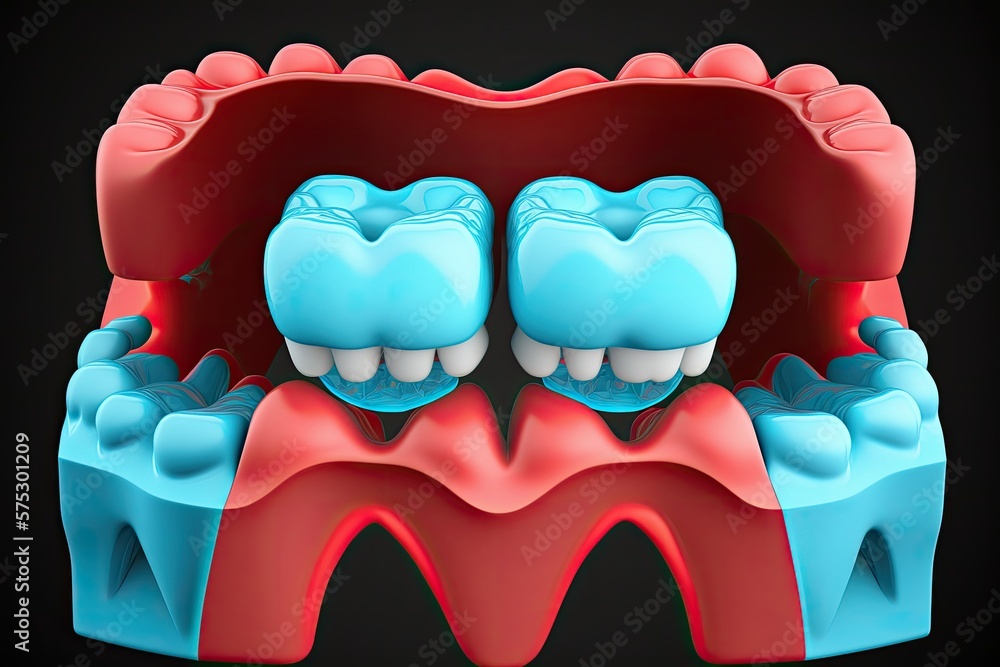 Poster teeth and gums with a dental bridge supported by two implants. background color is black. generative