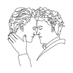 stylized pair portrait of two boys in a minimalist style, the silhouette of male faces drawn in one continuous line, lovers of a gay, couple of friends
