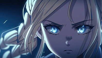 girl with blond hair, blue shimmering eyes, skeptical look