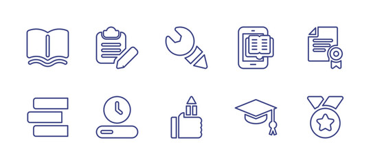 Education line icon set. Editable stroke. Vector illustration. Containing open book, edit, technical drawing, e learning, diploma, books, work in progress, pencil, graduation hat, medal