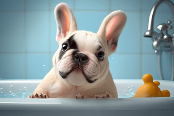 french bulldog puppy taking bath. Generative AI