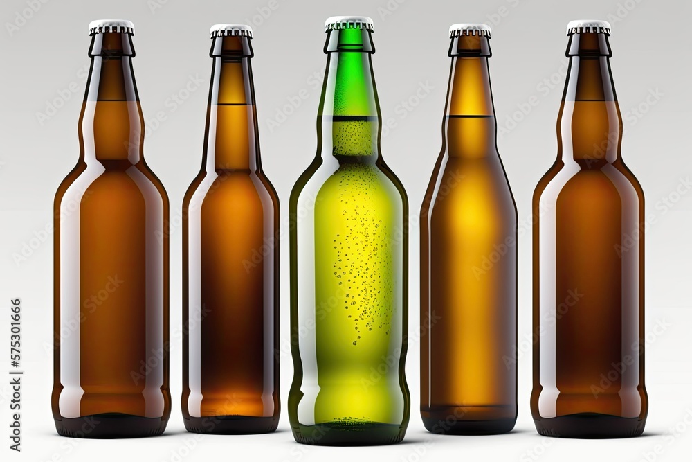 Poster picture of five empty beer bottles without labels. the bottles have their own individual clipping pa