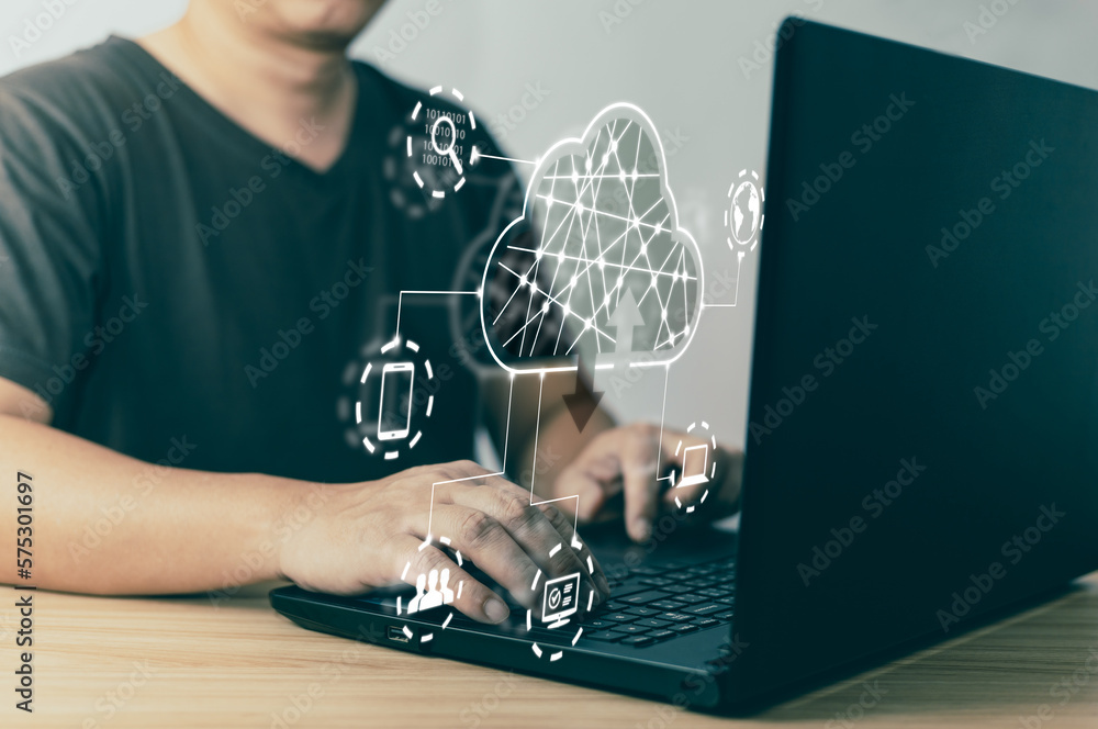 Poster man use laptop and cloud computing diagram show on screen.data storage.the use of online digital net