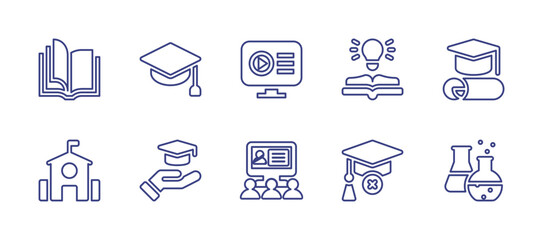 Education line icon set. Editable stroke. Vector illustration. Containing open book, mortarboard, computer, book, graduate, school, education, online training, no study, test tubes