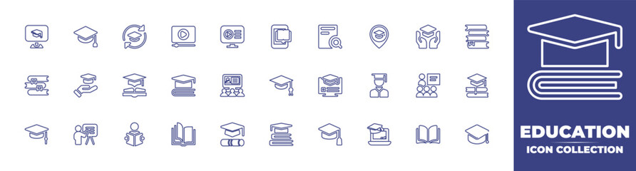 Education line icon collection. Editable stroke. Vector illustration. Containing online education, mortarboard, program, video lesson, computer, e learning, research, education, books, and more. - obrazy, fototapety, plakaty