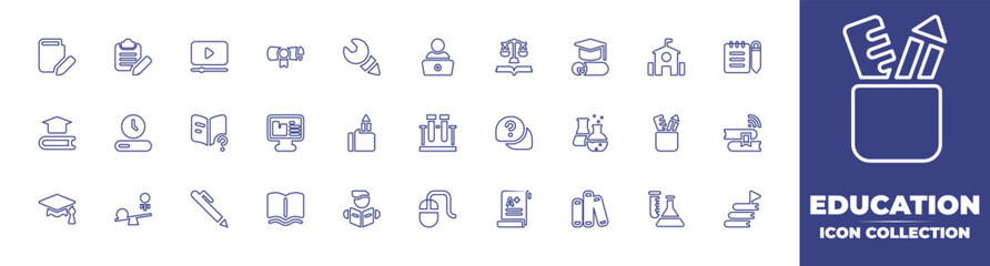 Education line icon collection. Editable stroke. Vector illustration. Containing editing, edit, streaming, certificate, technical drawing, read, law book, graduate, school, notebook, book, and more.