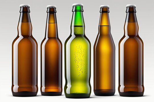 Picture of five empty beer bottles without labels. The bottles have their own individual clipping paths. Combined from five individual shots. Generative AI