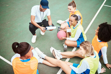 Netball plan, sports team smile and coach planning game strategy, teamwork collaboration or explain...