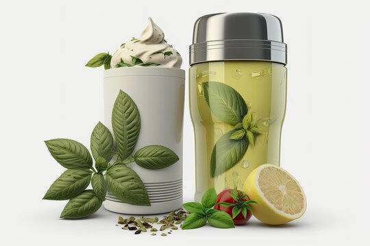 Lemonade with basil, a refreshing summer drink served in a cocktail shaker. Generative AI