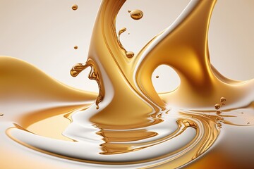 Splash of slick golden liquid, with droplets in the background, closeup. Generative AI